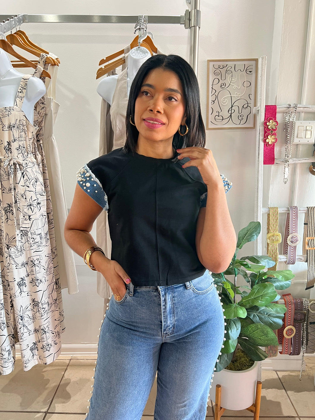 Black Short Denim Sleeve TShirt
