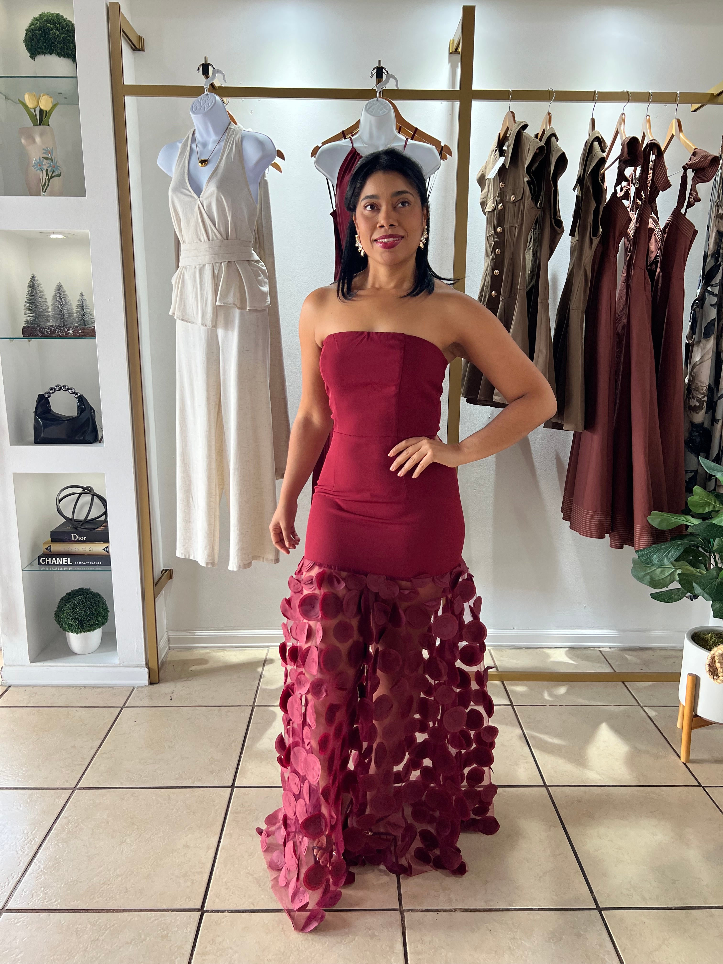 Wine 3D Petals Maxi Dress
