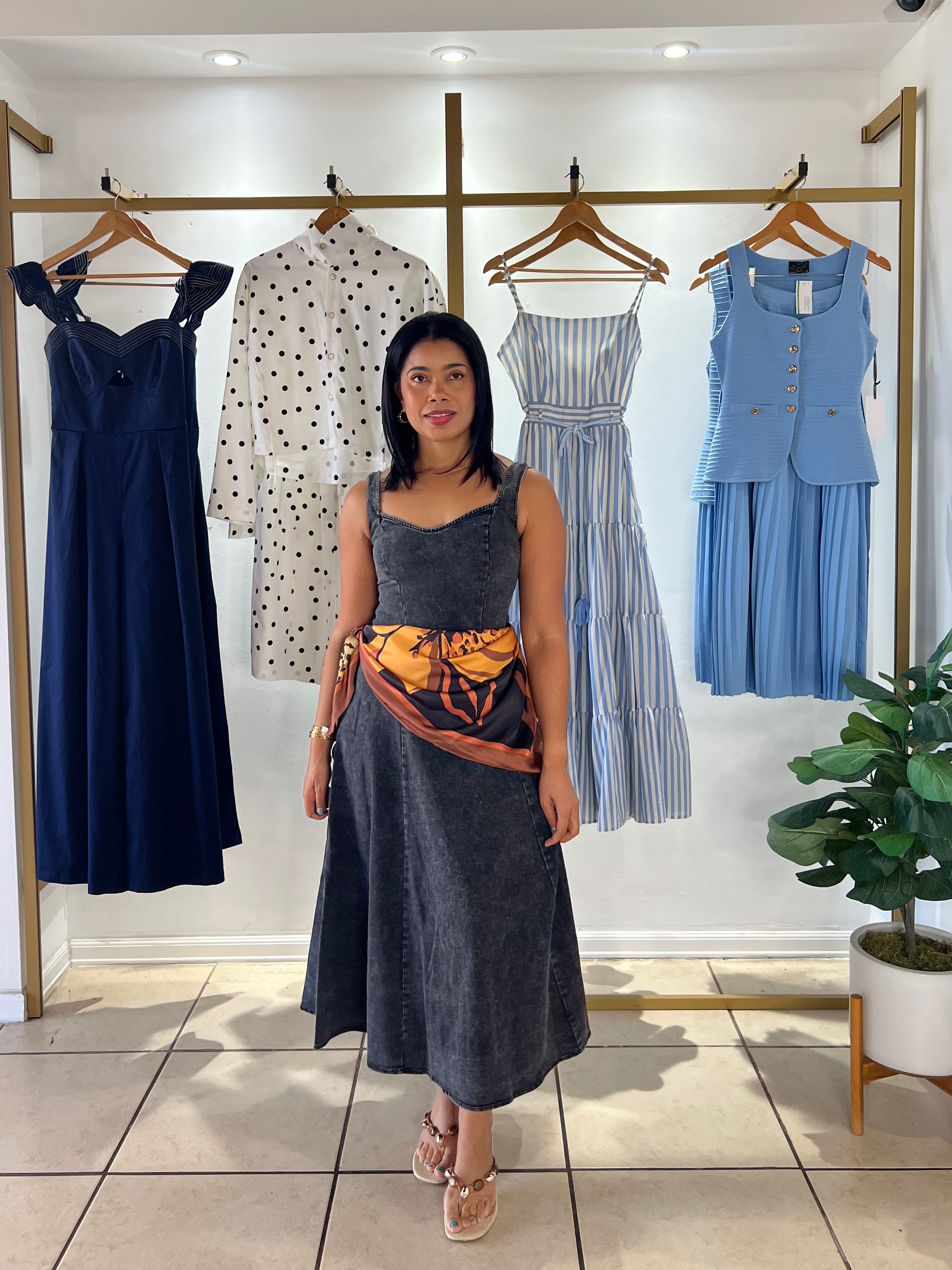 Black Acid Wash Denim Midi Dress with Scarf