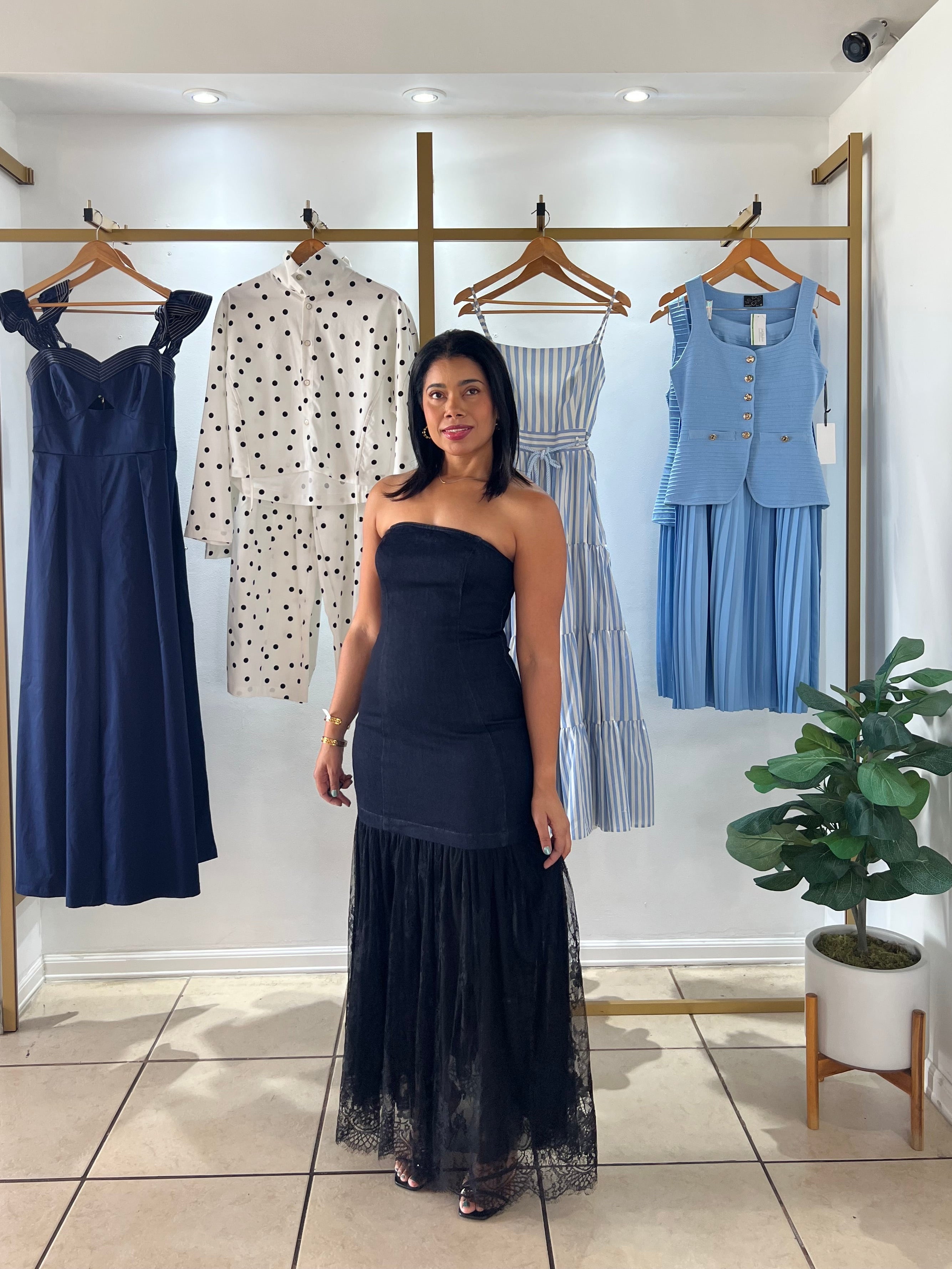 Dark Indigo Denim and Lace Combination Maxi Dress
