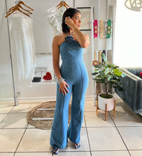 Load image into Gallery viewer, Denim flower detail halter jumpsuit
