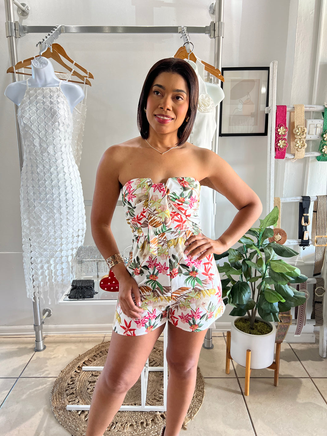 White tropical flowers tube romper