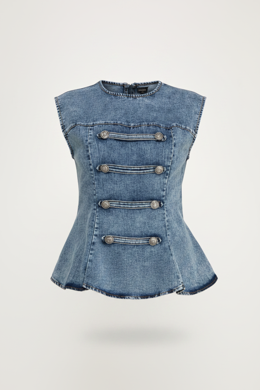 Denim Napoleon Peplum Top - Ghost Mannequin Frente