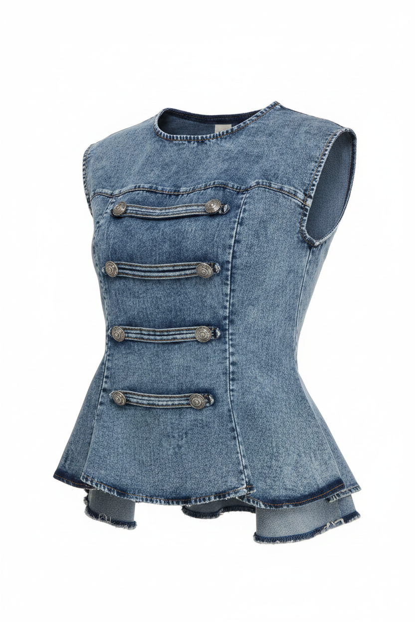 Denim Napoleon Peplum Top - Ghost Mannequin